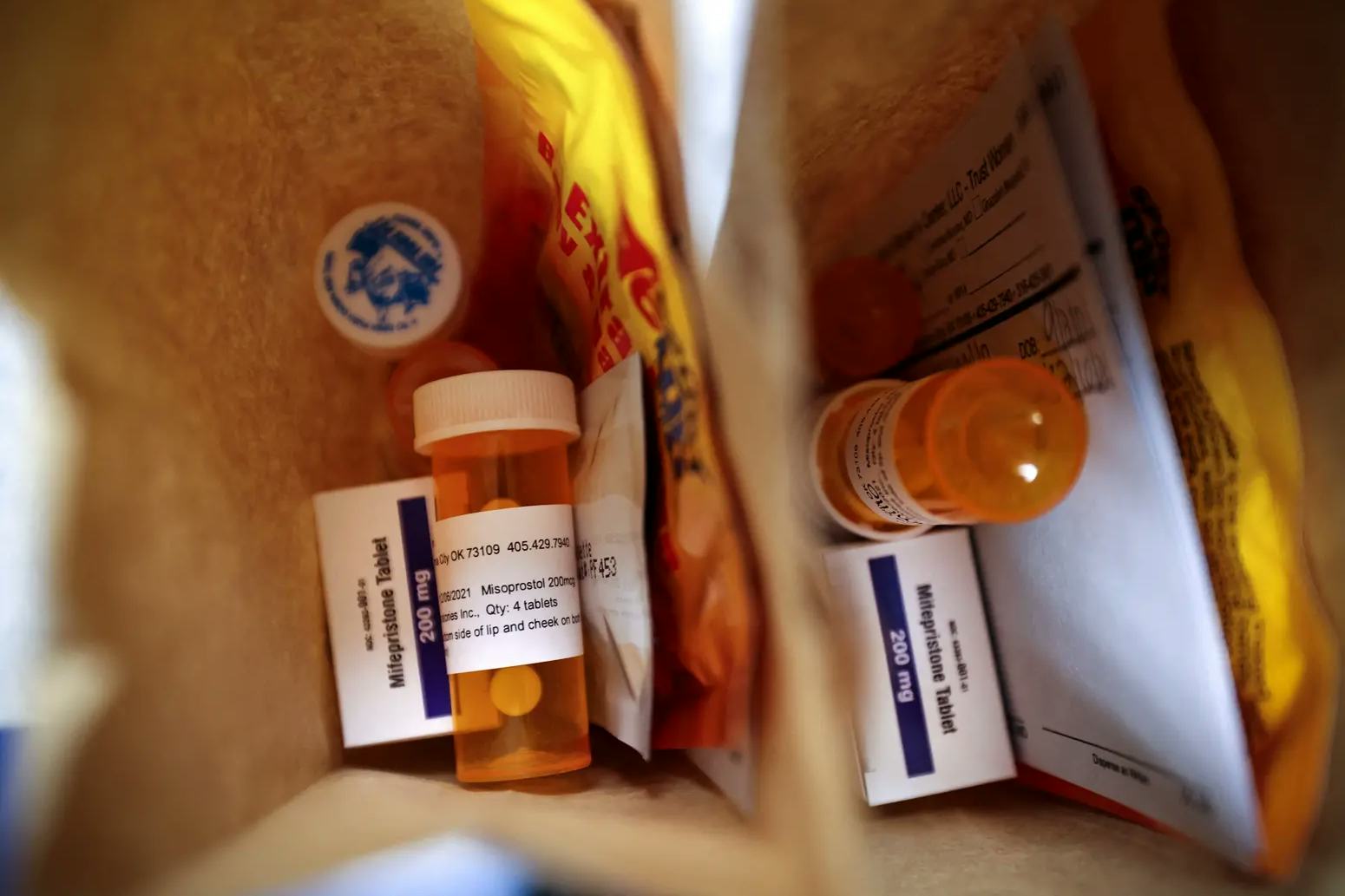 Paper bags containing medication used for a medical abortion