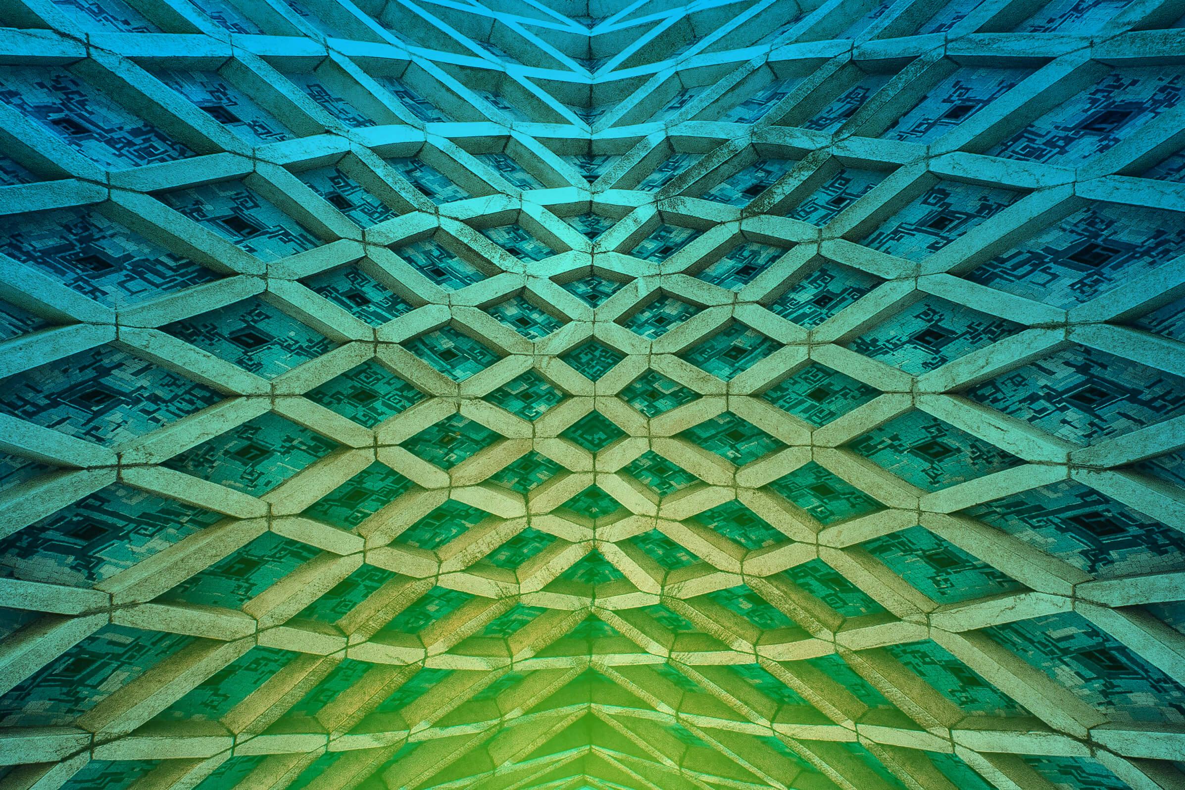 Architecturally abstract geometric pattern, cross-weave depicted in blues and greens